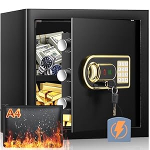 Mejasg Safe Tresor Feuerfest mit Feuerfester Wasserdichter Dokumententasche, 45L Möbeltresor mit Herausnehmbares Regal&Externes Batteriefach, Digitaler Tresor für Zuhause Bargeld Schmuck A4 Dokumente