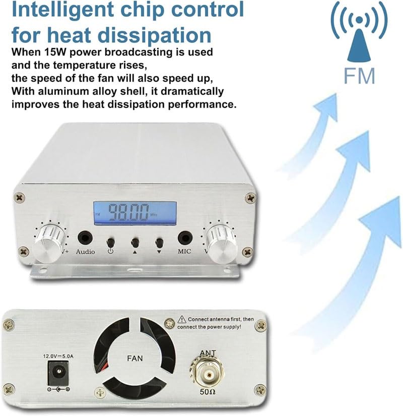 Transmetteur FM – Émetteur radio longue portée 15 W avec prise audio micro de 3,5 mm pour films et parkings d'église