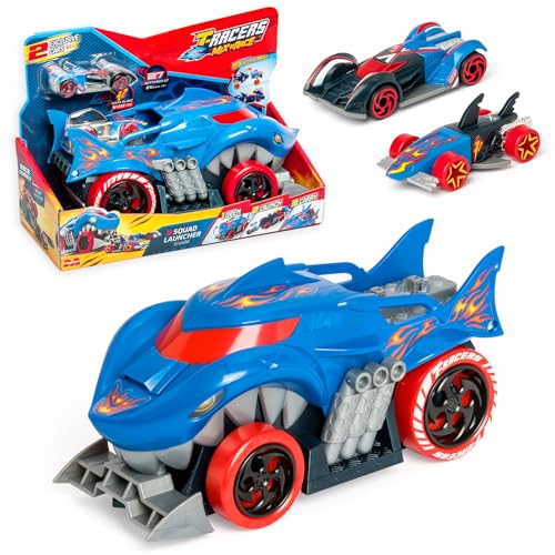 T-Racers Mix 'N Race Squad Launcher Shark – Camión tiburón Que se transforma en Lanzador. Incluye 2 vehículos T-Racers exclusivos, Zona para lanzar vehículos y Zona para Transportar 2 vehículos