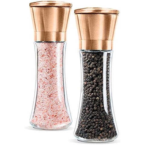 Premium Salt and Pepper Grinder Set of 2- Brushed Pepper Mill and Salt Mill, 6 Oz Glass Tall Body, 5 Grade Adjustable Ceramic Rotor- Salt and Pepper Shakers By Levav (Copper) Cover