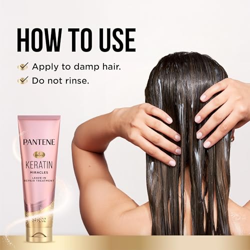 Image of Pantene Keratin Leave-In Conditioner with Argan Oil, Protein Treatment for Dry, Damaged & Color-Treated Hair, Repairs Split Ends & Protects from Damage, Formaldehyde-Free, 8.4 Fl Oz (Pack of 12)