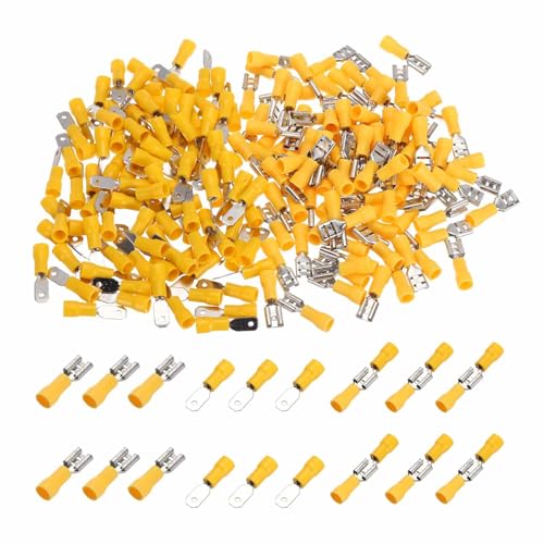MECCANIXITY 100 Set Heat Shrink Wire Terminal, 22-16AWG Yellow Insulated Crimp Terminals Electrical Connectors Male and Female Spade Connector for Industrial, Automotive, Boat Stereo