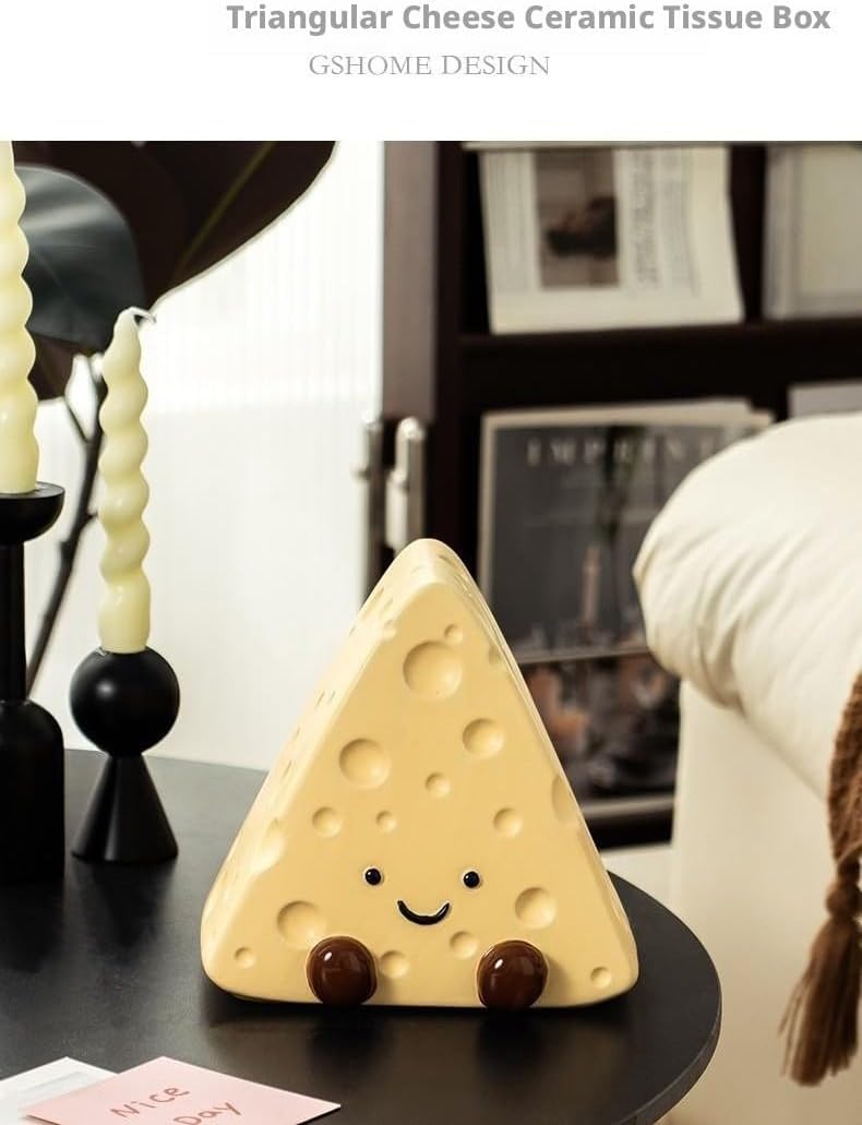 Triangle Smiley Face Cheese Shaped Ceramic Tissue Box, Cream Style Cute Napkin Holder for Dining Table & Living Room Coffee Table, Cartoon Decorative Vanity Tissue Dispenser,