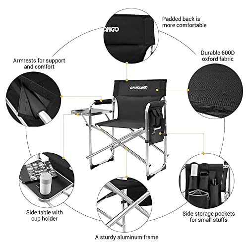 Fundango Aluminium Camping Director Chair With Armrest, Portable Lightweight Folding Outdoor Camping Chair With Side Table & Umbrella Holder, Full Back Lawn Chair For Camping Fishing Picnic,Black #TOP6