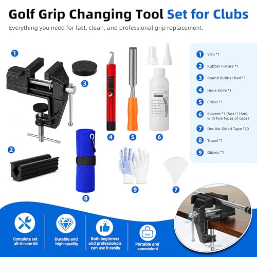 Complete Golf Regripping Tool Kit, Professional Golf Club Grip Replacement Set with 360° Rotating Bench Vise, Grip Solvent, Double Sided Tape, Hook Knife, Chisel, Microfiber Towel and Work Gloves by SimleLive - Used condition - Image 4