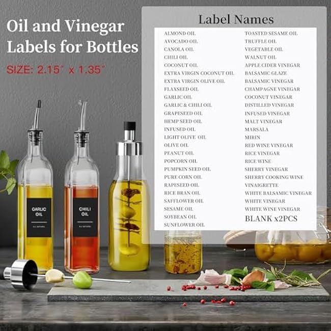 50 Oil and Vinegar Labels for Bottles,Preprinted Condiments Label Stickers for Organizing Oil Dispenser Bottles, Black Matte Minimalist Oil Jar Labels