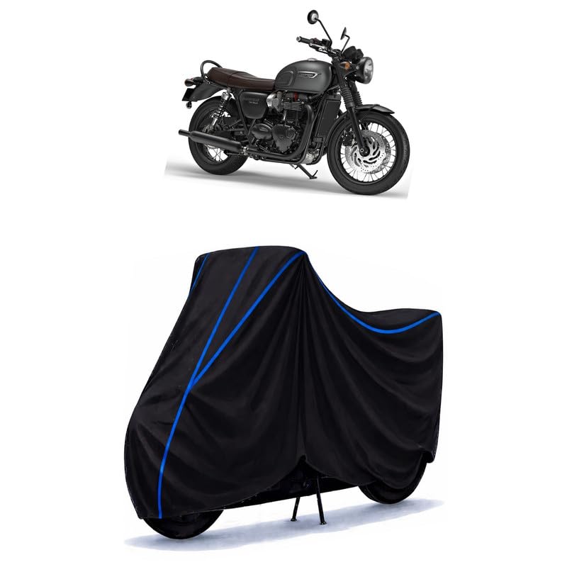 Image of Triumph Bonneville 12 Liters Bike Cover Water Resistant Universal Motorcycle Rain | Heavy Duty UV Protection, Dust, Scratch Indoor Outdoor All Weather with Black Blue Piping Elastic