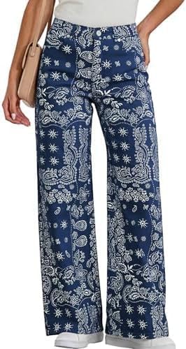 utcoco Women's Paisley Print Wide Leg Jeans High Waisted Baggy Denim Pants Casual Flowy Bandana Print Trousers