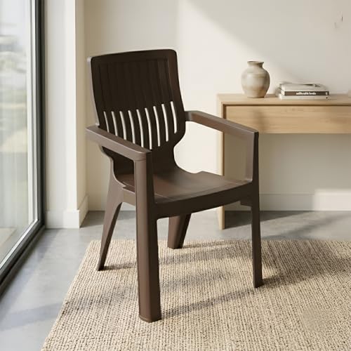 Image of Nilkamal Ortho Comfort Plastic Chair with Arm | 3 Year Warranty | Stackable Chair for Home, Living Room, Dining Room, Cafe & Balcony | Ergonomic Back Support | Indoor & Outdoor Use | Season Rust Brown