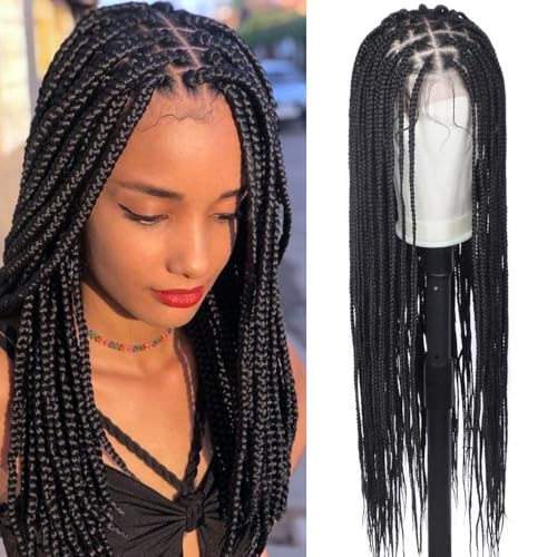 Alebery 13x7 Lace Front Knotless Box Braided Wigs HD Lace Frontal Box Braids Wigs for Black Women Fully Handmade Lightweight Synthetic Black Cornrow Twisted Braided Wig with Baby Hair (30 inch)