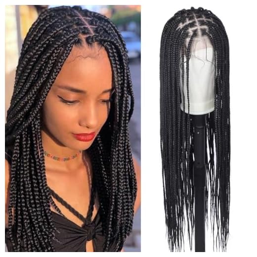 Alebery 13x7 Lace Front Knotless Box Braided Wigs HD Lace Frontal Box Braids Wigs for Black Women Fully Handmade Lightweight Synthetic Black Cornrow Twisted Braided Wig with Baby Hair (30 inch)
