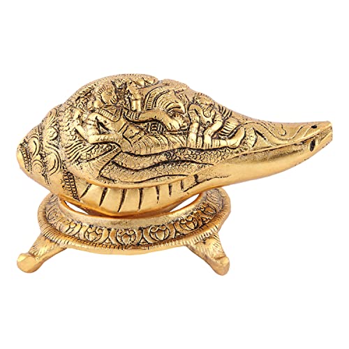 Image of Kalakriti Lord Vishnu Laxmiji and SheshNaag Carving Antique Brass Finish Gold Plated Shankh Showpiece with Stand| Conch for Temple| Vastu Decorative Items Sankh for Home |Religious Diwali Gift 1 pc