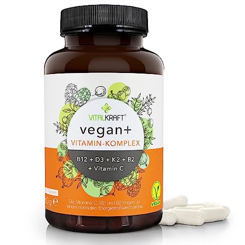 VITALKRAFT Vegan+ Vitamin-Komplex-hochdosierte Kapseln mit den Vitaminen B12 + D3 + K2 + B2 + Vitamin C/Laktosefreie und glutenfreie Nahrungsergänzung speziell für Veganer und Vegetarier