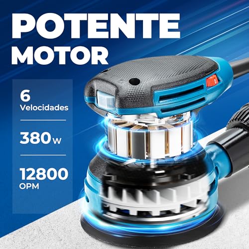 Miniatura 2 de Dongcheng Lijadora Orbital 380w, Lijadora Electrica De 125mm, 6 Velocidades 8.000-12.800 Rpm Con Colector De Polvo Y 20 Lijas, Ideal Para Trabajos Profesionales De Carpintería Y Lijado