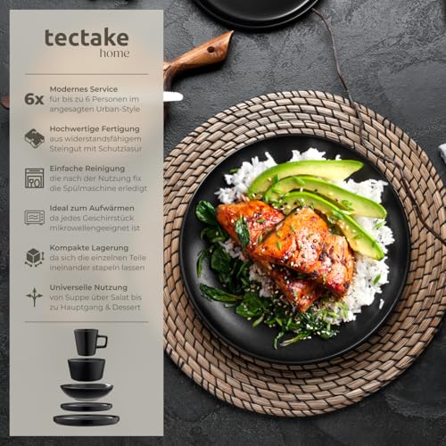 tectake® Kombiservice, Geschirrset, Tafelservice 6 Personen, Steingut Geschirr Set schwarz, Teller Set mit Schalen, Kaffeetassen, Speiseteller, Frühstücksteller, tiefe Teller und Schüsseln - 30-tlg.