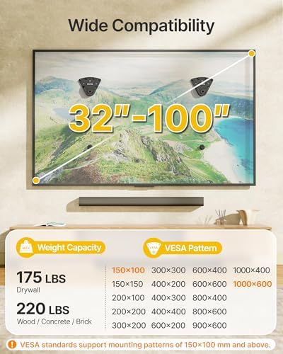 monTEK No Stud TV Wall Mount for 32-100 Inch TVs, Holds up to 220 lbs, Heavy Duty Studless No Drill TV Mount for Drywall & Concrete, Ultra Slim 0.9" Low Profile, Max VESA 1000x600mm, Renter-Friendly - 1