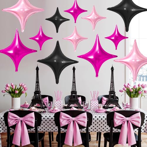 Image of Hot Pink Black Star Balloons,12Pcs Four Angle Star Foil Balloons | 26Inch and 10Inch Pink Black Quadrangle Star Helium Balloon for Birthday Baby Shower Wedding Party Decorations