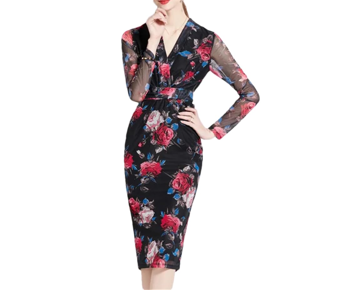 Vestido de mujer con estampado floral para oficina, retro, cintura alta, con cordones, cuello en V, manga larga, vestido midi, Negro, S