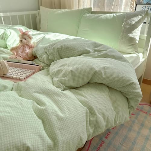 LifeTB Green Gingham Comforter Set Full Size Princess Lace Style Vintage Plaid Checkered Comforter Chic Gingham Farmhouse Bedding Set Lightweight Fluffy Soft Green Plaid Grid Comforter Set Full by LifeTB - Used condition - Image 6