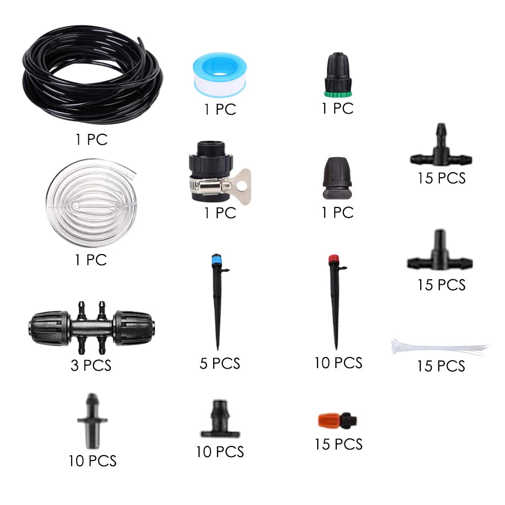 TopHomer Kit di irrigazione 104 pezzi, micro sistema di irrigazione a goccia da 40 m con ugello regolabile spruzzatore e gocciolatore automatico per serra, prato, patio, aiuola, piante da terrazza
