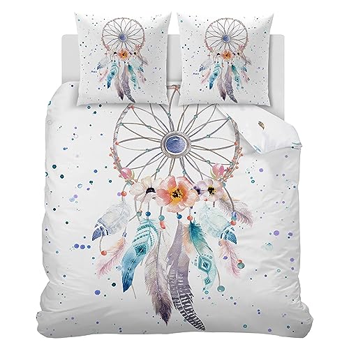 Linfye Housse de Couette 140x200 Attrape-RêVes Parure de Lit 1 Personne avec Fermeture Éclair, Réversible Linge de Lit Sets de Housse Couette en Microfibre...