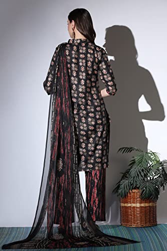 Greciilooks Womens Cotton Blend Casual Regular Fit Kurta Pant Set (Black, Small)