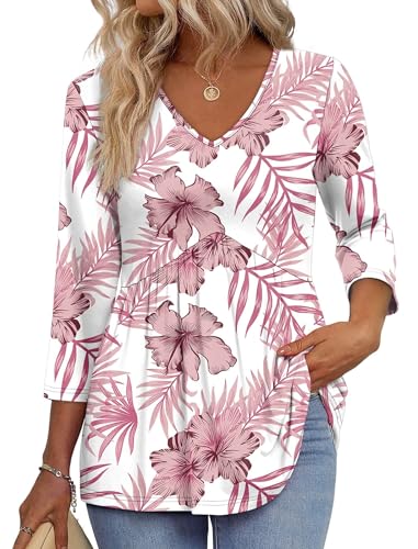 Image of OFEEFAN 3 /4 Length Sleeve Womens Tops 2026 Blouses for Women Dressy Casual Fashion Clothing V Neck Babydoll Tops Fall Outfits
