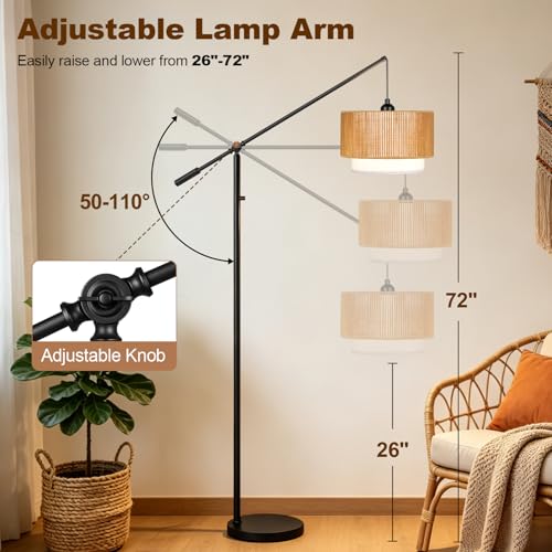 Image of 【Upgraded】Boho Dimmable Floor Lamps with Adjustable Swing Arm, 1100 Lumens Bulb Included, Modern Standing Lamp with Rattan & Fabric Shades, Farmhouse Tall Arc Floor Lamp for Living Room Bedroom, Black