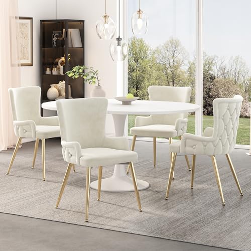 Merax Velvet Dining Chairs Set of 4, Luxury High Back Kitchen Dining Chairs, with Upholstered Soft Padded Seat, with 4 Golden Metal Support Legs, Beige