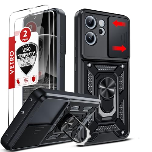 LeYi Cover per Oppo Reno 14 FS/Reno 14 F 5G con Vetro Temperato [2 Pack], Custodia OPPO Reno 14FS/ 14F con Protezione Fotocamera [Slidable] Antiurto con Anello Supporto TPU Bumper Antiurto Case, Nero