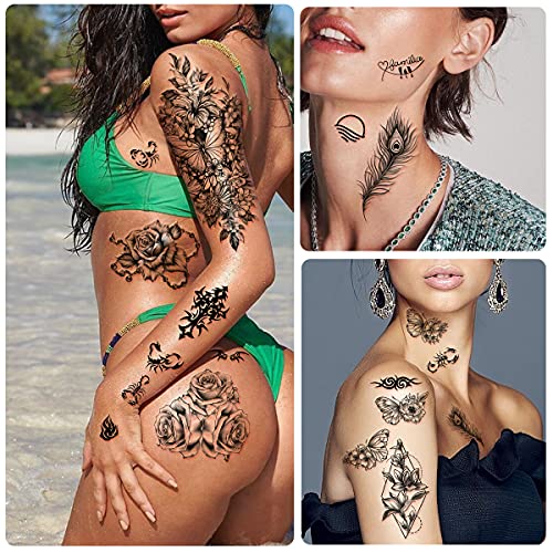 40 Sheets Waterproof Temporary Tattoo For Women And Girl, Large Black Peony Rose Flowers Long Lasting Lady 3D Fake Tattoos Girls Arm Hand Collarbone Leg Tattoos Stickers As Gift Or Decoration #TOP2