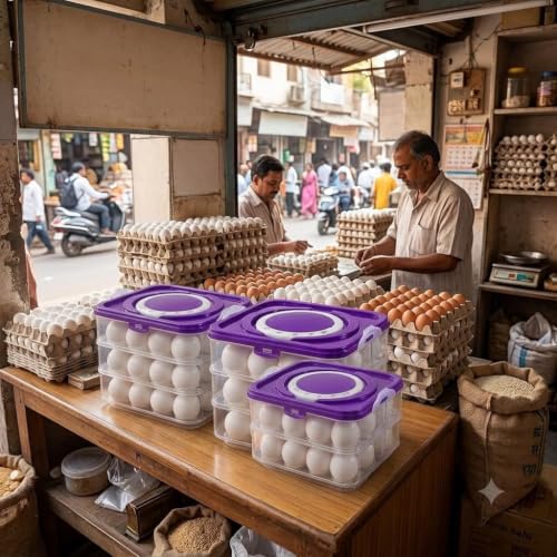 Image of Egg Storage Box - Egg Refrigerator Rectangular Storage Tray Stackable Abs Plastic Egg Storage Containers For Fridge And Kitchen Egg Storage Basket With Carry Holder (3 Layer)