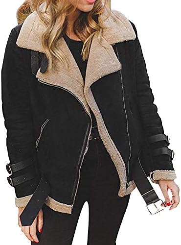 JOFOW Womens Suede Jackets Parka Lapel Fleece Collar Belted Flannel Lined Warm Loose Fashion Long Coats Plus Size XXL (L =US:4-6,Black)