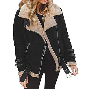 Kunstpelz Mantel Damen Lederjacke Damen Warm Winterjacke Mit Teddyfutter Revers Bomberjacke, Wildlederjacke Dicke Biker Motor ReißVerschluss Outwear
