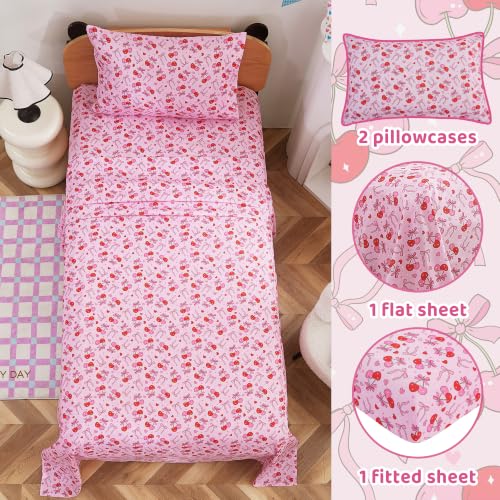 Image of Viviland 4 Pieces Girls Bow Cherry Full Sheet Set - Soft Microfiber Fitted Flat Sheets & Pillowcases Bed Sheet Set - Pink Bedding Sets for Kids