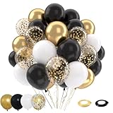 Patimate Black Gold Confetti Balloons Set, 50 pcs 12 inch Metallic Gold Black White Confetti Latex Balloons Kit for Birthday Wedding Graduation New Years Anniversary Party Decorations