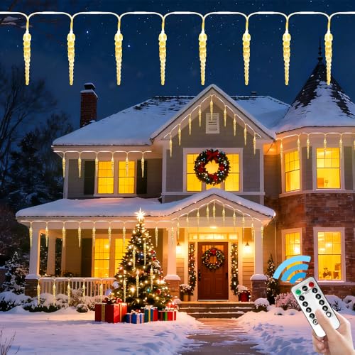 RIRIDAMAI LED Eiszapfen Lichterkette Außen,10M Lichterkette Zapfen,100 LED Eiszapfen Weihnachtsbeleuchtung Wasserdicht für Weihnachten Garten Außendeko...
