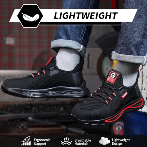 Image of GLANOUDUN Steel Toe Work Shoes for Men, Lightweight Black Work Shoes with Puncture Resistant Midsole, Comfortable Safety Footwear for Warehouse Construction