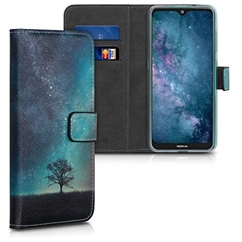 kwmobile Case Compatible with Nokia 7.2 - Wallet Case PU Leather Flip Cover - Cosmic Nature Blue Grey Black