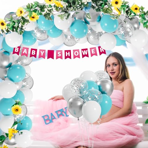 Image of 100pcs Teal Blue White Silver Confetti Balloons, 12inch Turquoise, White, Metallic & Glitter Latex Balloons for Wedding Birthday Baby Shower Party Decoration