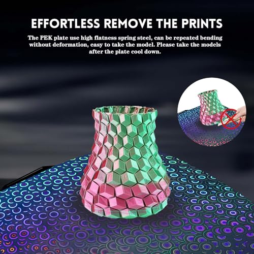 IdeaFormer Smooth Rainbow Circles+Kaleidoscope PEK Druckplatte für Bambulab P2S/P1S/P1P/A1/A1/X1C/X1, PEK Spring Steel Druckbett Platte 257x257mm für Bambu Lab 3D Drucker Platte