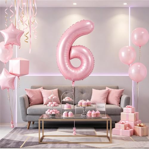 Image of Number Balloons Pink Party Balloon - Giant Number 6 Balloon, 40 Inch Large Balloon, Birthday Decorations for Women, Birthday Balloon for Anniversary Baby Shower Princess Party Decorations