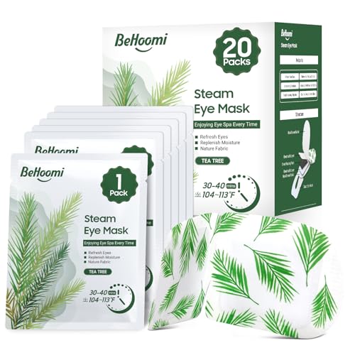 BeHoomi 20 Packs Steam Eye Mask, Heated Eye Mask Warm Compress for Eyes, Disposable Self Heating Steam Mask for Home, Sleep, Spa, Travel Essentials &amp; Relaxation Gifts for Women (Tea Tree)