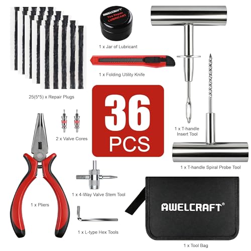 Image of AWELCRAFT 36-Piece Tire Repair Kit - Heavy Duty Flat Tire Plug Kit with T-Handle Tools, 25 Rubber Plugs, 4-Way Valve Tool, Pliers, Folding Knife - Portable Tool Bag - Universal for Car