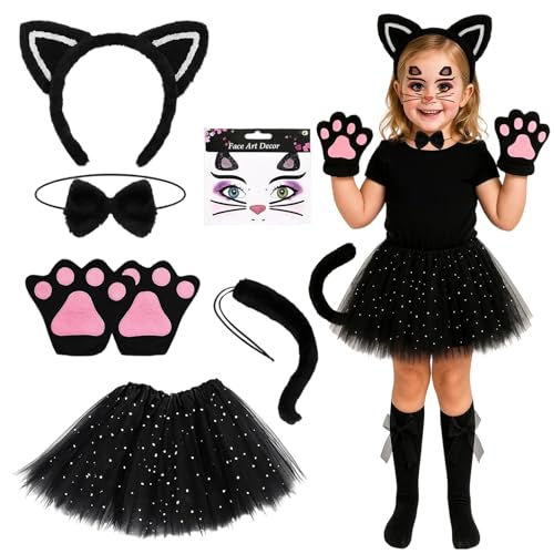 Cat Costumes for Kids, Cat Costume, 7 Pcs Black Cosplay Costume Includes Ear Headband, Paw Gloves and Skirt, Tutu Skirt for Halloween, Carnival, Birthday Parties