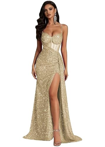 GIOUFEI Women's Corset Prom Dresses 2026 Spaghetti Strap Mermaid Sparkly Evening Dress with Slit Long Corset Champagne Ball Gowns US0