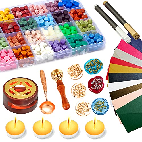 Wax Seal Kit, 789 ps with 3 Wax Seal Stamps, 24 Colors Wax Seal Beads, 10 Vintage Envelopes, 4 Candles, 2 Metallic Pens, Wax Seal Warmer and Spoon for Wax Seal Stamp Set, Crafts and Decoration