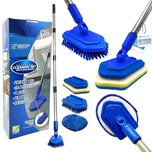Bathroom Tile Cleaner Shower Cleaning Brush Multi-section Long Handled Scrubbing Brush with Replaceable Stiff Bristle Tub and Tile Scrubber Shower Cleaner Sponge Scourer and Microfibre Pad