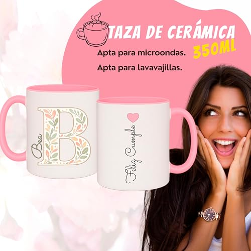 Miniatura 2 de Set Personalizado Con Inicial Y Nombre, Bolsa De Tela Taza 350ml Con Diseño Floral De Hojas, Opción De Añadir Botella Personalizada, Regalo Comunión, Dia De La Madre, Amigas Pack Floral