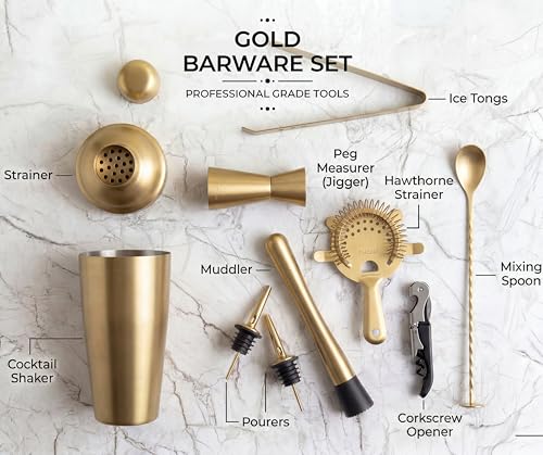 Image of Car-O-Bar Gold Bar Set with Stand |10 pc Bartender kit for Home & Bar: Cocktail Shaker, Bar Spoon, Jigger, Muddler, Strainer, Wine & Beer Bottle Opener, 2 Pour Spouts, Tong, Wooden Stand with Handles